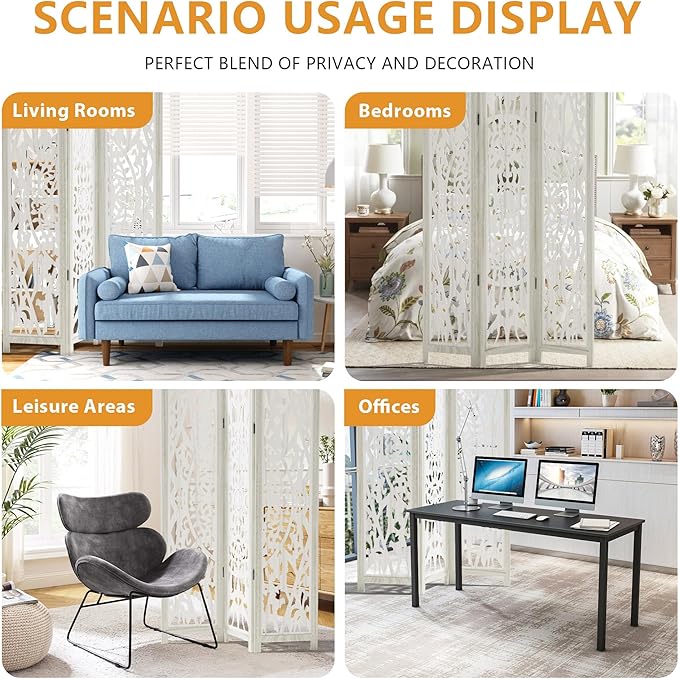 Casaphoria 6 Panels Room Divider, Folding Screen Room Divider with Carved Floral Pattern for Home Office, Restaurant and Bedroom, Paulownia Wood, 95" W x 67" H (White)