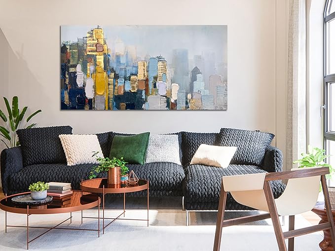 Arjun Neutral Wall Art Painting Abstract Art Wall Decor Canvas, Large Textured Skyline for Living Room Gold Painting Modern Wall Art for Men Bedroom Cityscape Artwork Home Office Wall Decor, 40"x20"