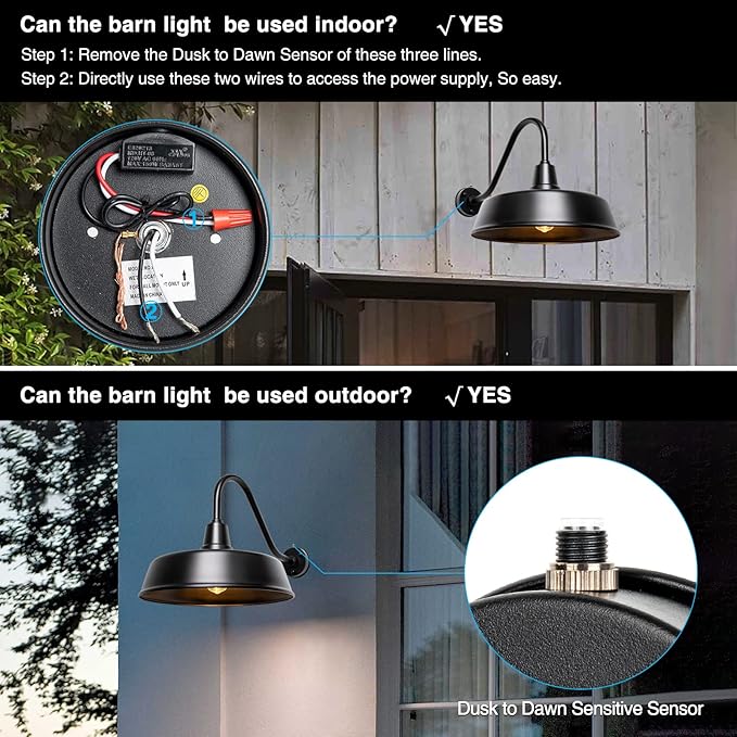 Outdoor Gooseneck Barn Light - 24 inch Farm Style Black Large Lighting Exterior Fixture Sconce Wall Lights for Farmhouse, Dusk to Dawn Sensor Front Door Porch Garage Patio 2 PCS