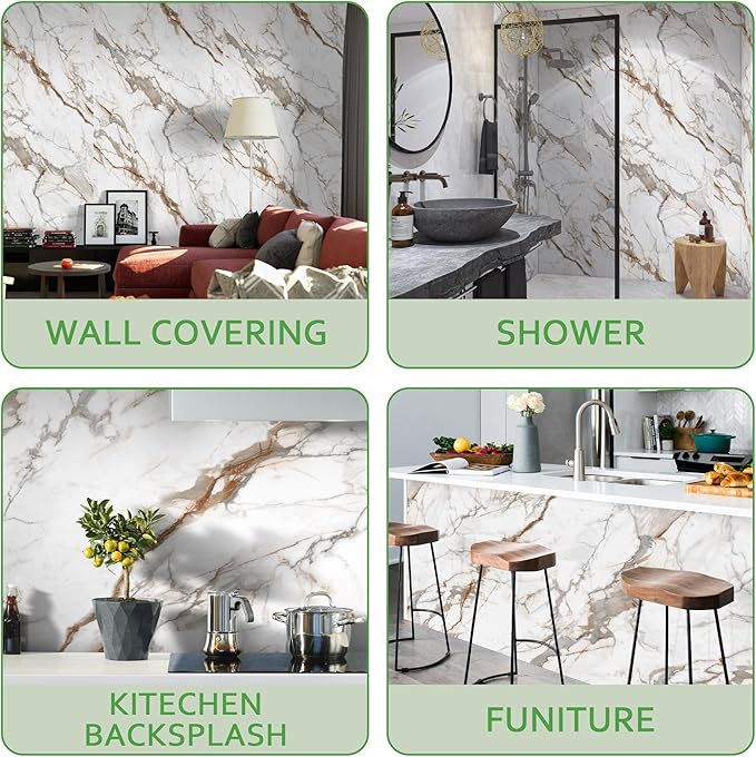 Marble Peel and Stick Waterproof Wall Paneling, 118" x 47" Calacatta Gold Glossy Finish Self-Adhesive Backsplash Tile Vinyl Wall Panel for Kitchen Bathroom Wall Decor, Covers 38.75 Sq. Ft.