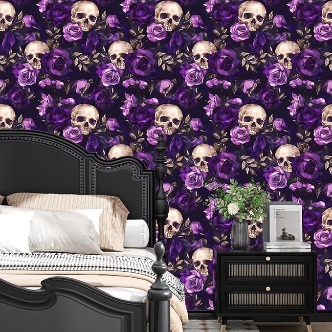 Black Floral Peel and Stick Wallpaper Vintage Boho Sugar Skull Contact Paper Gothic Flower Wall Mural Home Vinyl Waterproof Self Adhesive Removable Renter Friendly Wall Paper 17.5" x 393"