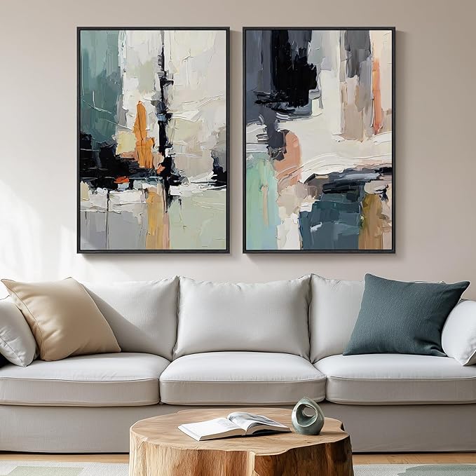 Large Framed Colorful Abstract Wall Art, Set of 2 Modern Canvas Prints Paintings Artwork for Walls, Bright Blue Green Multicolor Pictures for Living Room Hallway Dining Bedroom Wall Decor 20x30 In