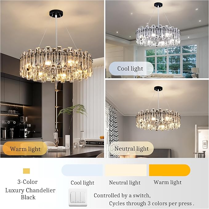 Modern Luxury K9 Crystal Chandelier 8-Lights Round Pendant Light Easy Install Ceiling Hanging Light Fixture for Dining Living Room Kitchen Island Entryway Foyer D23.6 Black