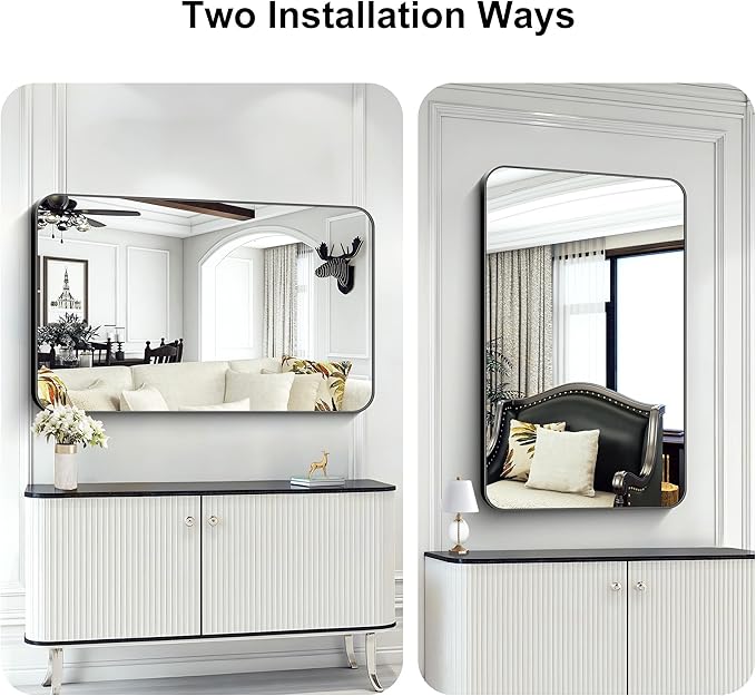 KOCUUY Black Bathroom Vanity Mirror, 30 x 48 inch Metal Frame Mirror with Rounded Corner, Rectangle Design of Upgraded Shatterproof Glass for Bathroom, Bedroom, Living Room, Entryway