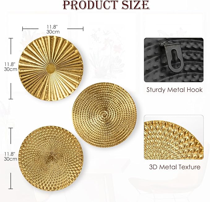 Briful 12" Gold Wall Décor Pack of 3 Metal Starbursts Radial Plate Wall Art Modern Accent Hanging Wall Decorations For Home Office Bedroom Or Living Room Wall Sculptures