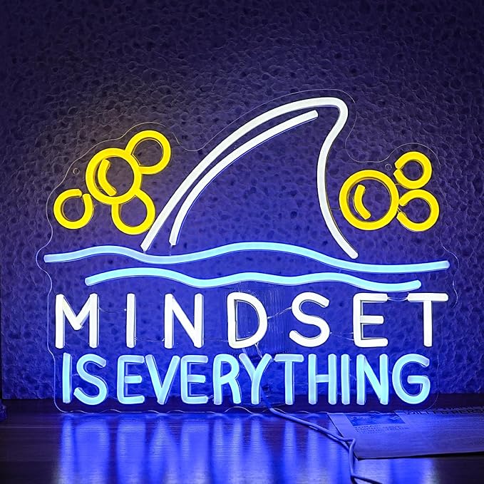 Mindset is Everything Neon Sign Led Fish Shark Neon Light Up Sign Dimmable Inspirational Neon Wall Decor sign for Classroom Office Bedroom School 16.5 * 12.6 IN