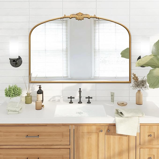 Antique Arched Large Mirror: 48"x33" Oversize Gleaming Gold Vintage Wall Mounted Mirror - Baroque Traditional Ornate for Fireplace/Bathroom/Hallway - Home Decor for Housewife