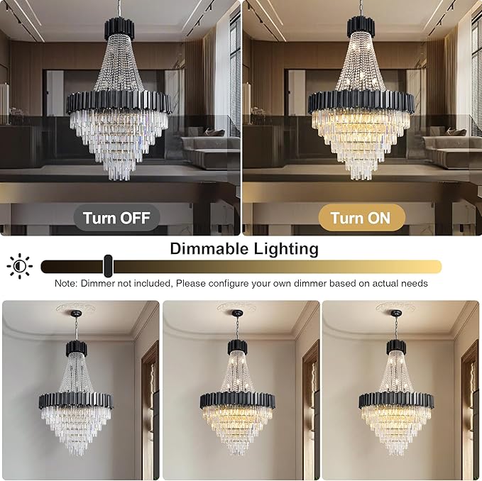 54" Long Crystal Chandelier for High Ceilings, 21-Light Modern Black Large Chandeliers for Staircase, Foyer, Entryway, Living Room, Hallway, Luxury Top K9 Crystal Tiered Ceiling Light Fixture