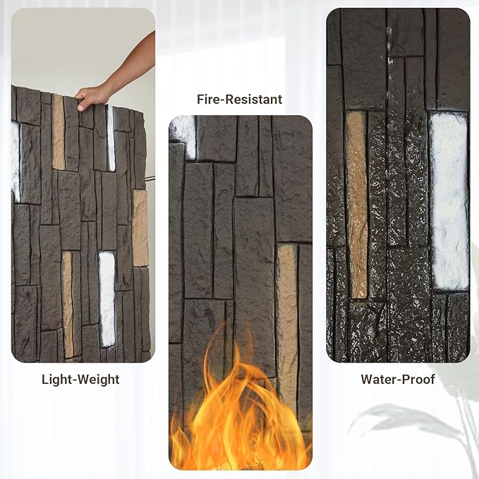 OUZUGIE 4 PCS Faux Stone Wall Panel 47.2’’ x 23.6’’ Interior Exterior Wall Decor 3D PU Panel with Brick Stone Design Iron Gray