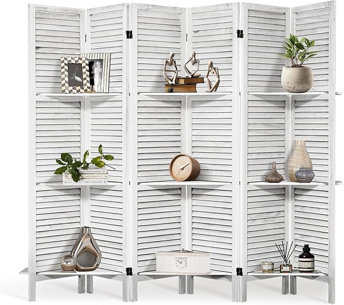 2 PCS Room Dividers 5.6FT Louvered Design 6 Panel Room Dividers with Display Shelves Folding Privacy Screens Portable Freestanding Partition Wall Dividers for Bedroom, Retro White