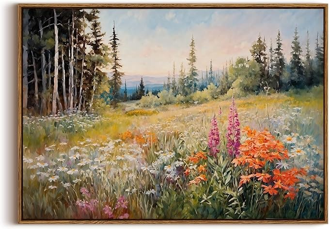 KISSFOX Vintage Framed Wall Art Mountain Meadow Wildflower Landscape Colorful Canvas Art Nature Serene Countryside Paintings Artwork Farmhouse Rustic Art Prints For Bedroom Bathroom Living Room