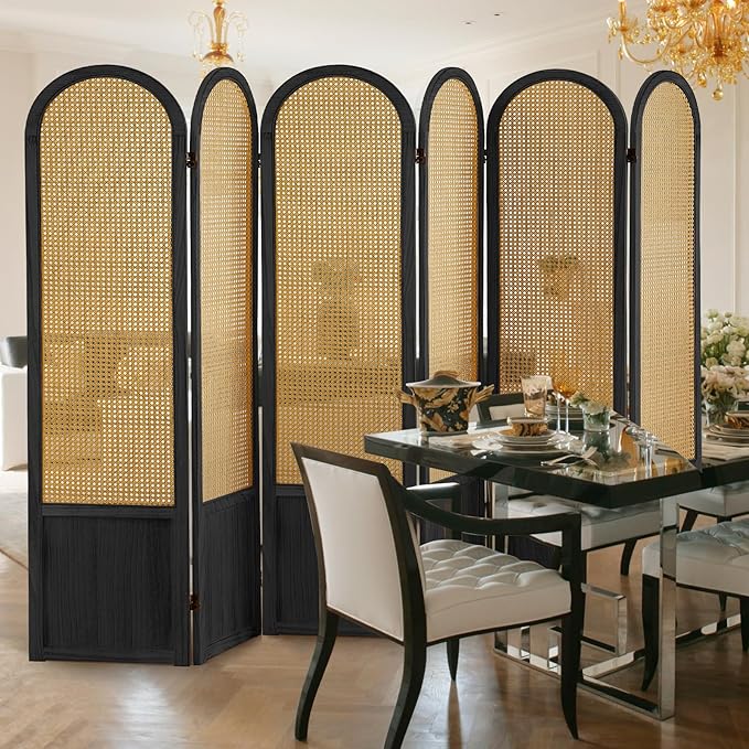 6 Panel Room Dividers and Folding Privacy Screens, Hand-Made Rattan Room Divider with Bi-Directional Hinge, Pre-Assembled Wood Room Divider Wall for Home Office Bedroom, Black