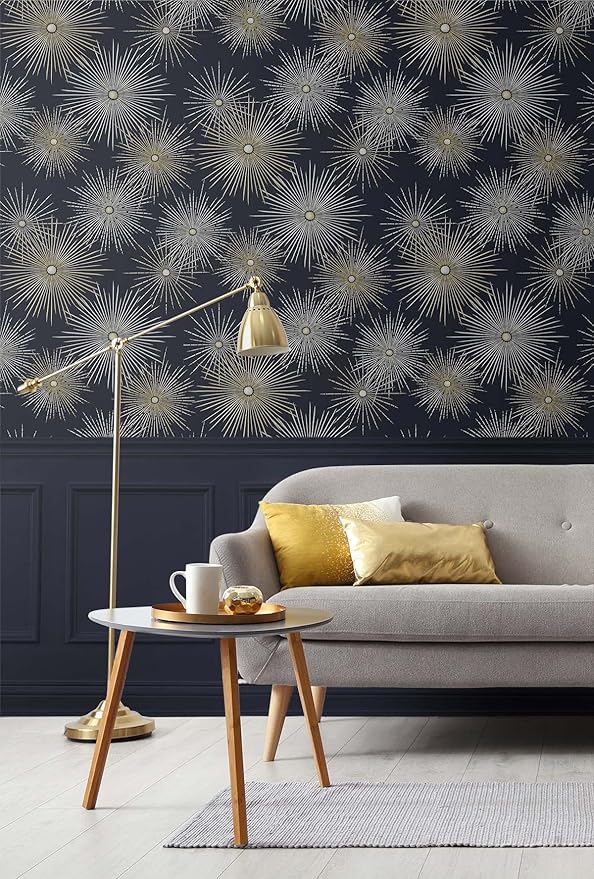 NextWall Star Burst Geo Mid Century Peel and Stick Wallpaper (Midnight Blue & Metallic Gold)