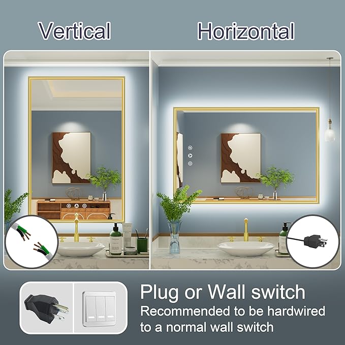 24x36 Inch Gold LED Bathroom Mirror with Front and Back Lighting, 3 Color Temp, Dimmable, Anti-Fog, Aluminum Frame Wall Mounted Lighted Bathroom Vanity Mirror