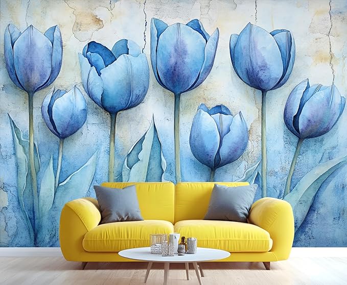 Blue Flowers Mural Wallpaper, Watercolor Flowers Murals, European Simple Wall Art Murals Wallpaper for Living Room Bedroom Home Decor Mural - 137.8" W x 124" H (Not Peel Stick)