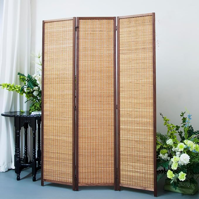 3 Panel Room Divider Screen,5.6 FT Tall Bamboo Panel Divider Folding Privacy Screen,Freestanding Room Divider for Room Seperation,Brown