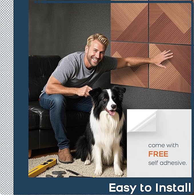 BUBOS Large Acoustic Panels,6 Pack Wood-Pattern Printing Soundproof Wall Panels, Total Size 70.8 x 47.2 Inches Self-Adhesive Decorative Sound Absorbing Panels for Studio, Home,Deep Diamond Weave