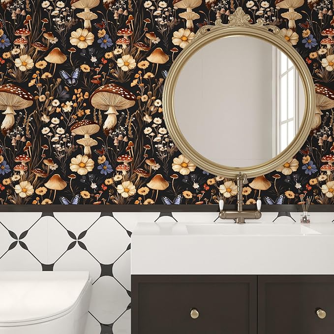 Mushroom Peel and Stick Wallpaper Vintage Wallpaper Floral Contact Paper Leaf Wall Paper for Cabinet Bedroom Backsplash Renter Friendly Removable 17.5 x 393.5In