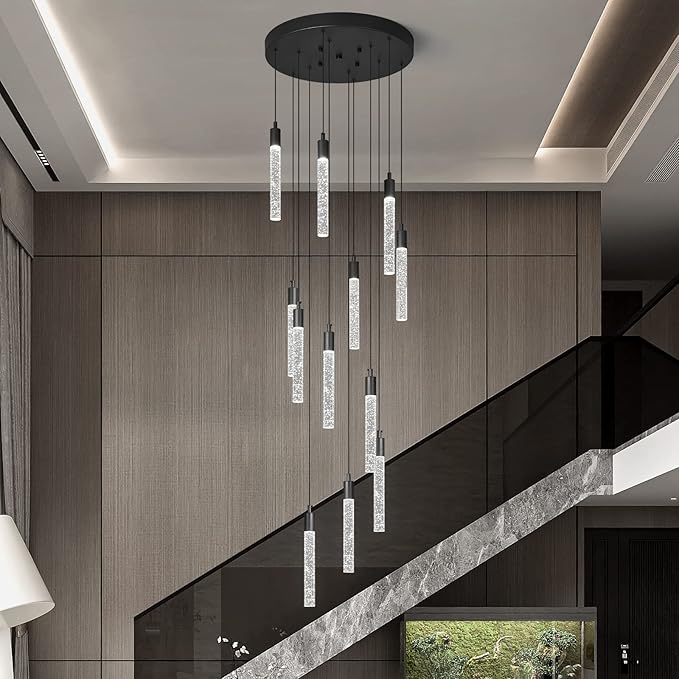 12-Light Modern Living Room Chandelier Black Crystal Ceiling Pendant Lights LED Dimmable 72W 6000K Staircase Large Chandeliers for Entryway Lobby Foyer High Ceiling Chandeliers