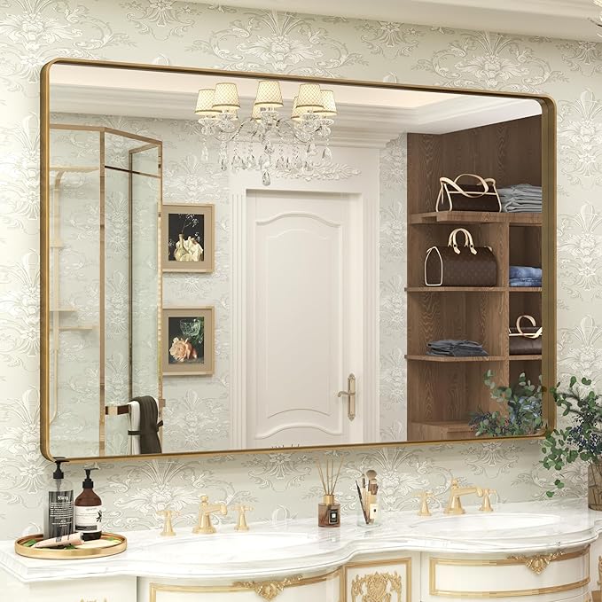60x40 Gold Bathroom Mirror, Brushed Metal Frame Gold Vanity Mirror, Large Rectangle Mirror for Wall, Rounded Corner, Shatterproof, Anti-Rust (Horizontal/Vertical)