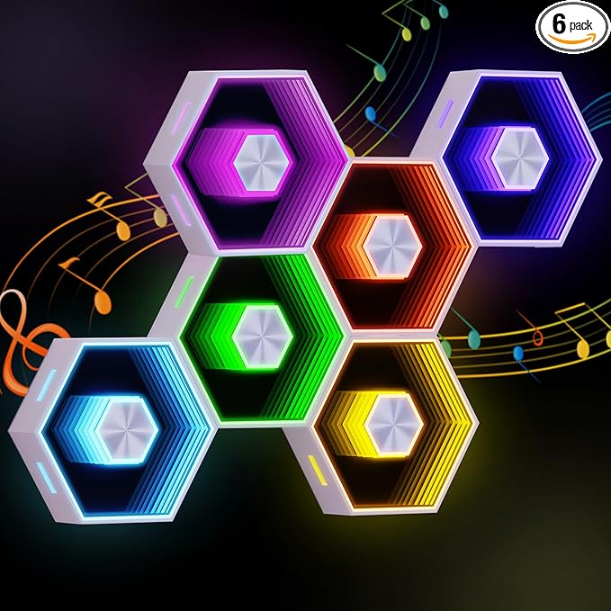 6 Pack Hexagon Lights Wall Panels - RGB Wall Decor Gaming Lights with Smart APP Music Sync, DIY Modular Assembled Hex Led Lights Panel for Bedroom, Game Room