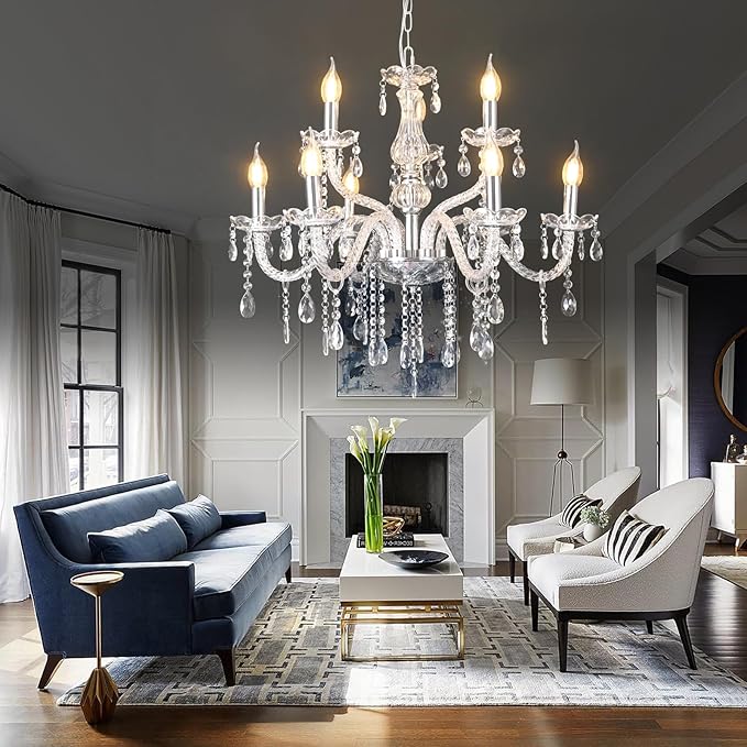 MALOSA Clear Crystal Chandeliers,9 Lights Glass Large Chandelier for Bedroom,Dining Room,Living Room,Double Layer 26.4"