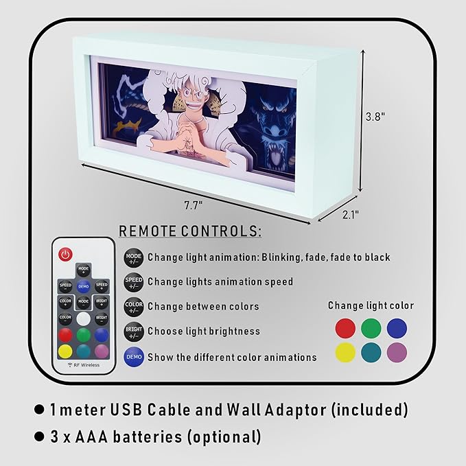 Anime LED Light Box, Manga Shadow Box Frame, Paper Cut, Table Lamp for Anime Enthusiasts, RGB Multi Color, Night Light for Room Decor, Unique Anime Desk Decor (Luffey V2)