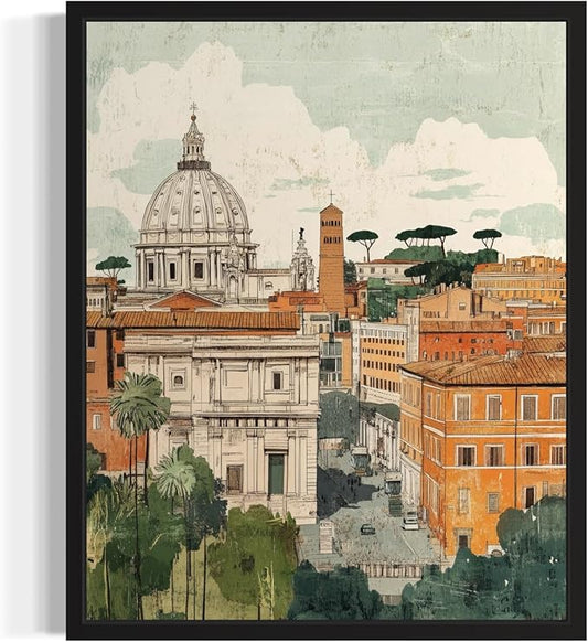 Rome Italy Wall Art Poster Print, Vintage Retro Landscape Scenery Painting Artwork Travel Prints Decor Cityscape Landmarks Gallery 27 (Rome Italy, 11 x 14 inches, Black Frame)