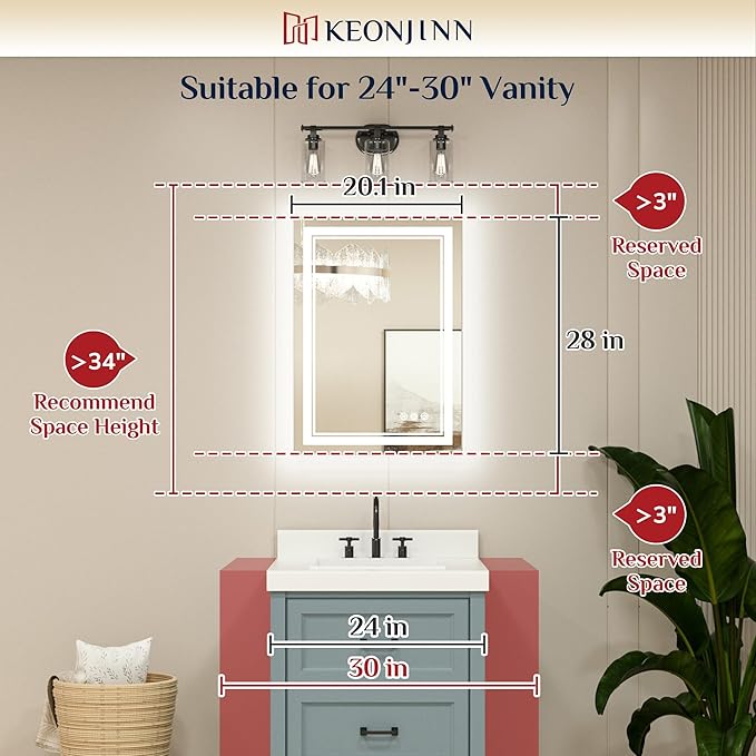 Keonjinn LED Mirror for Bathroom 20" x 28" with Frontlit and Backlit, Stepless 3 Colors Temperature & Dimmable, Double Light Strips, Tempered Glass, UL Listed LED Driver, Anti fog Frameless LED Mirror