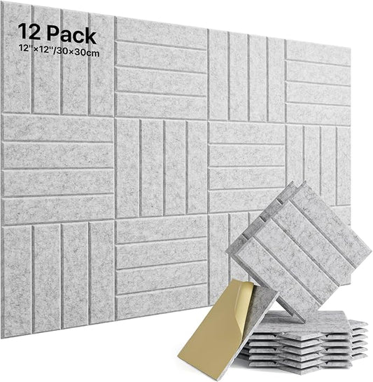 12 Pack Sound Proof Foam Panels for Walls, Self-Adhesive Acoustic Panels Sound Absorbing, 12" X 12" X 0.4" High Density Soundproof Wall Panels Tiles for Door, Ceiling, Home Office, Gray
