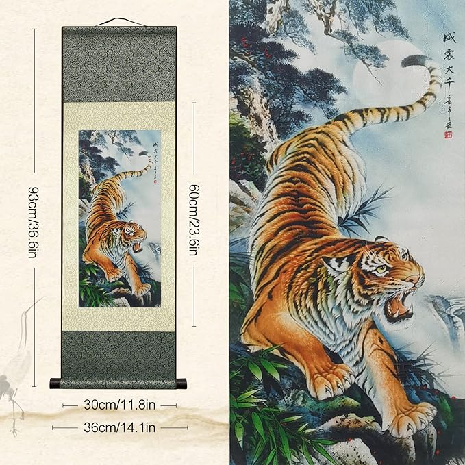 AtfArt Asian Wall Decor - Beautiful Silk Painting Animal - Tiger King Deterrence - Oriental Decor Chinese Art Wall Scroll (36.2 x 12 in)