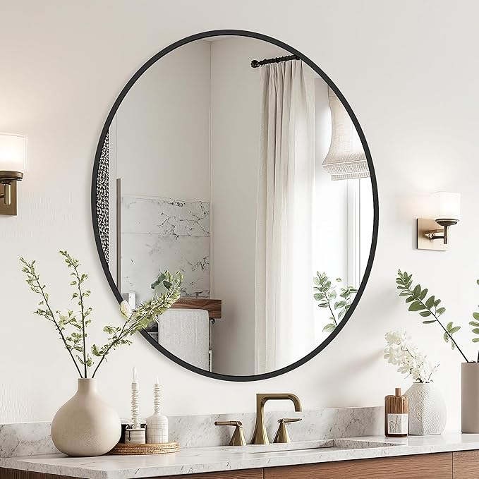 22 Inch Black Round Circle Mirror for Wall,Modern Bathroom Mirrors with Simple Metal Frame, Entryway, Bedroom Vanity, Living Room, Hallway Decor (Matte Black, Wall Mounted)