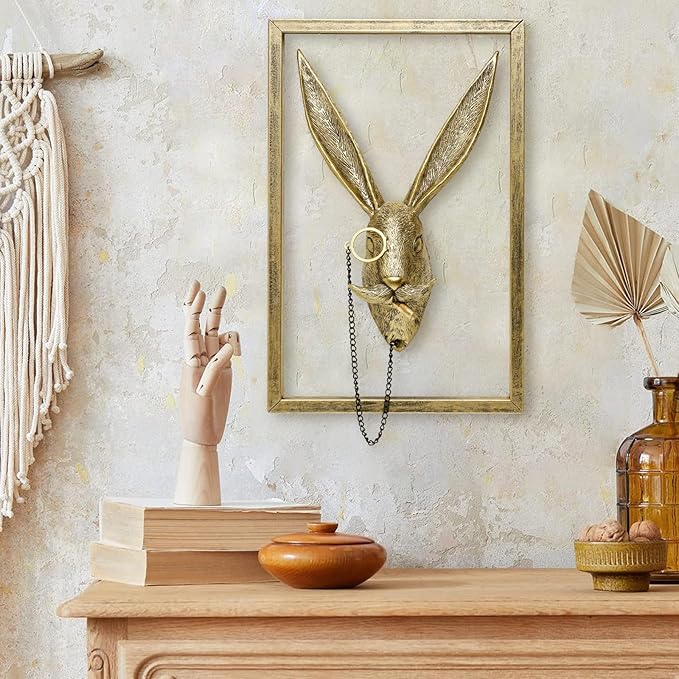 Newinhome Animal Heads Wall Decoration (Gift Metal Frame) Resin Animals Sculptures Head Wall Hanging Decor Gold vintage Wall Sculpture for Living Room Bedroom Office(Rabbit)