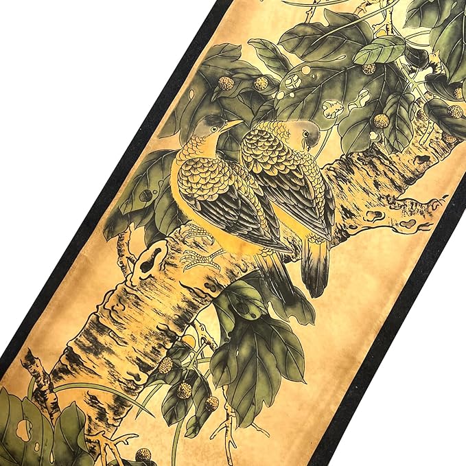 CIFIBIFUN Wall Asia Art Prints Posters Painting Plant Flower Vintage Style,4 Panels Old Paper Scroll, Home Walls Decor (Super Old Aging Paper, B Plants Birds)