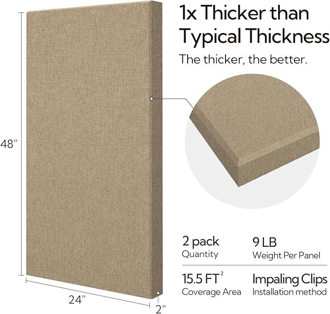 Olanglab Sound Absorbing Acoustic Wall Panels 2 Pack, 2'' 24''x48'' Fiberglass Sound Dampening Panels, Large Fabric Wrapped Sound Proof Panels for Walls (Khaki)