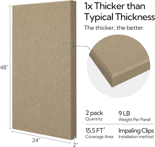 Olanglab Sound Absorbing Acoustic Wall Panels 2 Pack, 2'' 24''x48'' Fiberglass Sound Dampening Panels, Large Fabric Wrapped Sound Proof Panels for Walls (Khaki)