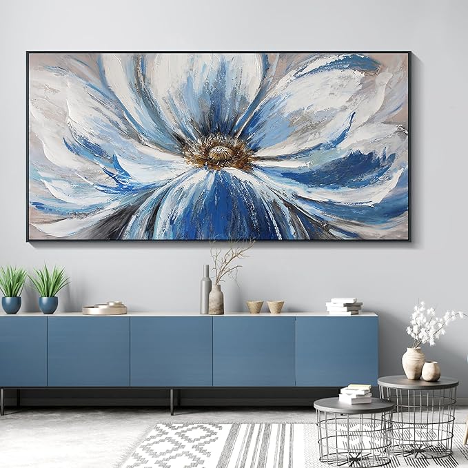 Mofutinpo Flower Wall Art Canvas Art Wall Decor For Living Room Home Decor Bedroom Pictures Aesthetic Blue Large Wall Art Framed Artwork For Walls Modern Kitchen Decor 29×58 Blacke Framed