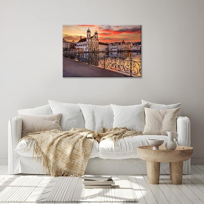 Mordern 1Pcs European Cityscape Canvas Wall Art Scenic Sunset Over River Cathedral with Domes Ready to Hang Architecture Romantic Travel Destination Decorative Framed Artwork for Living Rooms Bedrooms