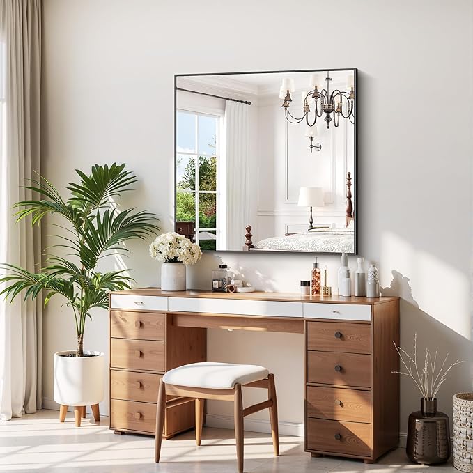 Black Bathroom Mirror for Wall, 39x39 Inch Rectangle with Metal Frame, Square Modern Vanity for Bathroom Living Room, Entryway Hangs Horizontal or Vertical