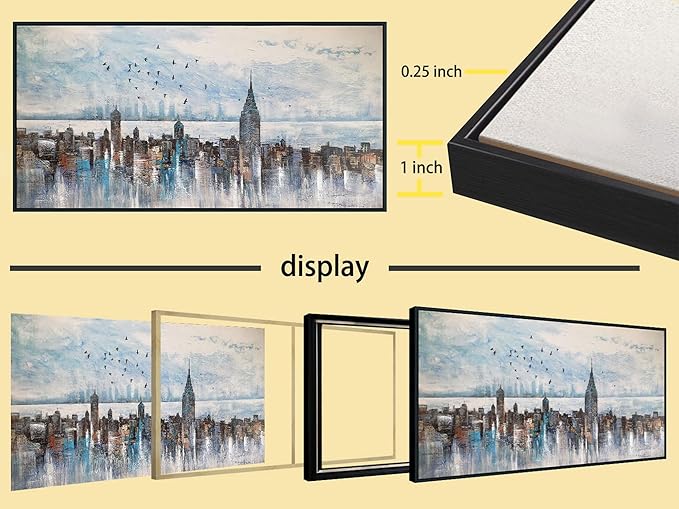 Arjun Cityscape Wall Art New York City Buildings Picture Modern Abstract Grey Skyline Birds NYC Painting Artwork for Bedroom Living Room Bathroom Home Office Decor, Large Size Black Framed 48"x24"