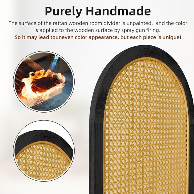 6 Panels Room Divider, Foldable Wooden Room Divider, Individual Privacy Screen Made of Hand-Woven Rattan, Portable Wall Divider for Home Office Bedroom Bathroom Dressing Room (Black Natural)