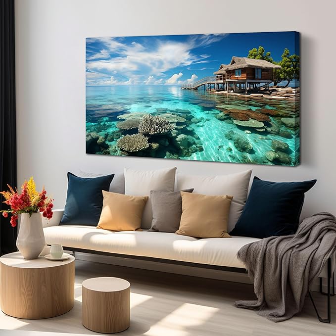 Ocean Scenic Canvas Wall Art, Blue Seascape Wall-Decor Picture, Ocean Scenery Canvas Decoration, Coastal Landscape Print Decorative Artwork for Home living Room Bedroom, Large Size 59x29 Inches