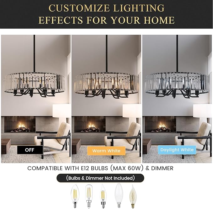 Black Crystal Chandelier for Dining Room, 6-Light Modern Semi Flush Mount Chandelier Lighting Fixtures,Round Kitchen Hanging Drum Pendant Lights Ceiling for Bedroom Entryway Foyer, E12 Base, 19.7Inch