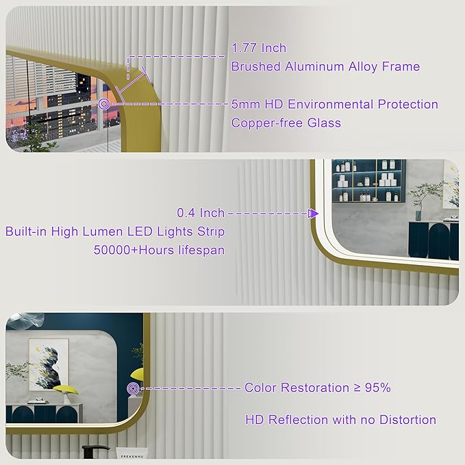 48x36 Inch Gold LED Bathroom Mirror with Lights, 3000K/4500K/6000K, Wall Mounted Lighted Vanity Mirrors for Bathroom, Memory Funtion, Stepless Dimmable, Anti-Fog, Horizontal/Vertical