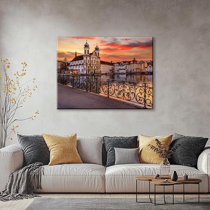 Mordern 1Pcs European Cityscape Canvas Wall Art Scenic Sunset Over River Cathedral with Domes Ready to Hang Architecture Romantic Travel Destination Decorative Framed Artwork for Living Rooms Bedrooms