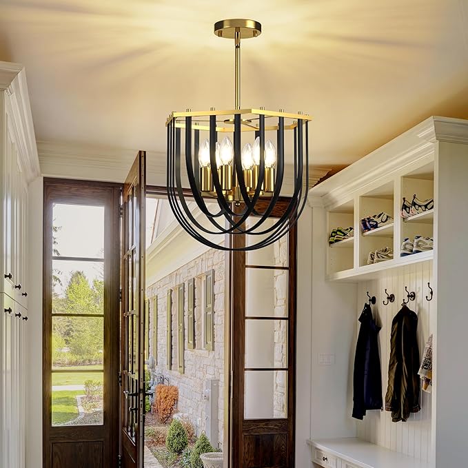 6-Light Modern Farmhouse Chandelier, Black and Gold Dining Room Light Fixture, Hanging Pendant Lights Kitchen Island, Foyer Lighting Fixtures with Metal Frame, for Living Room, Bedroom, Entryway