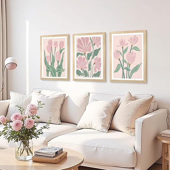 JLTULT 3 Piece Pink Abstract Tulips Floral Wall Art, Boho Green Botanical Wall Decor, Modern Flowers Paintings Art Prints for Living Room Bedroom Home Farmhouse Office16x24 Framed inch Ready to Hang