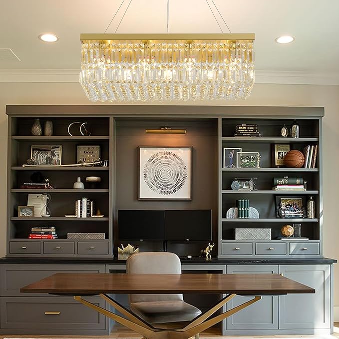 Luxury Gold Rectangular Crystal Chandelier 12-Light, 31.5" Modern K9 Raindrop Chandelier with Adjustable Chain, Dimmable Ceiling Light Fixture for Dining Room, Kitchen Island, Entryway 31.5"L x 10"W
