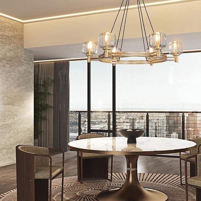 Modern Round Crystal Chandelier, 36in Large Gold Farmhouse Chandeliers for Dining Room, Light Fixtures Over Table, 6-Light Pendant Lighting Fixture for Living Room Bedroom Kitchen Island