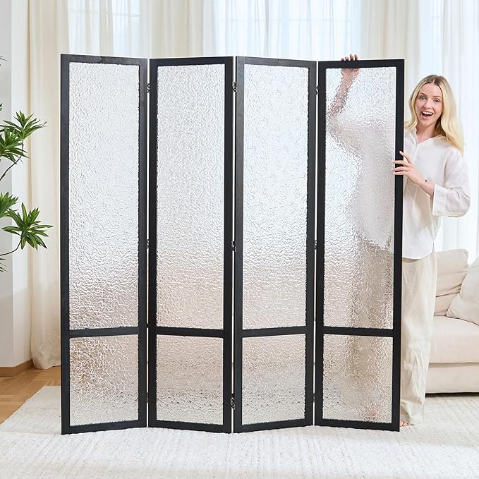 4 Panel Acrylic Room Divider Privacy Screen - Freestanding Frosted Translucent Partition, Lightweight Modern for Home Office Studio (Black, 4 Panels)